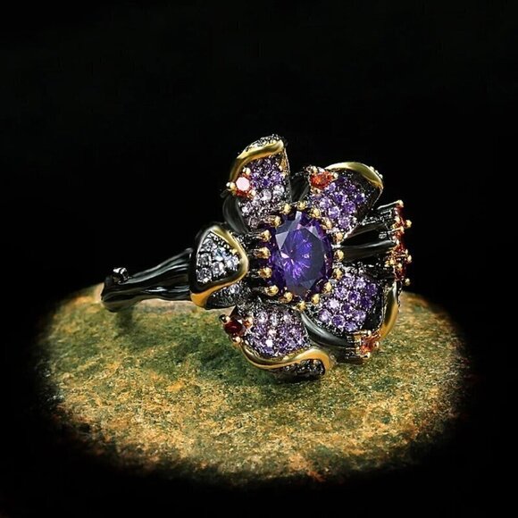 NEW Flower Cocktail Ring Sz.8 14K Black Gold Plated Over Silver CZ Whimsigoth - Picture 1 of 10